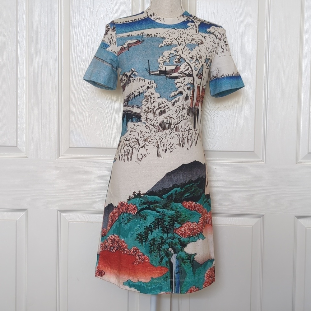 Carven Shirt Sleeve Japanese Multicolor Artistic Print Dress